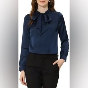 Allegra K Satin Blouse for Bow Tie Neck Solid Work Office Shirt